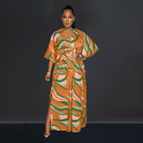 Fashion V Neck Vintage Print Slit Maxi Dress BY-X6615