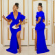 Solid V Neck Pleated Slit Maxi Dress BY-C6637