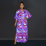 Fashion V Neck Vintage Print Slit Maxi Dress BY-X6615