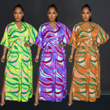 Fashion V Neck Vintage Print Slit Maxi Dress BY-X6615