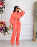 Solid Color Tie Up Tops And Pants Two Piece Set LSD-1558