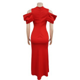 Solid V Neck Pleated Slit Maxi Dress BY-C6637