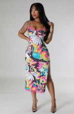 Sexy Print Slim Slit Sling Midi Dress XHXF-380
