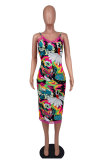 Sexy Print Slim Slit Sling Midi Dress XHXF-380