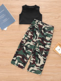 Kids Girls Sleeveless Vest And Camouflage Print 2 Piece Set GYMF-118