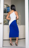 Sexy Single Shoulder Contrast Color Midi Dress XHXF-379