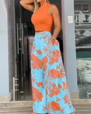 Casual Sleeveless Vest And Print Pants Two Piece Set GSRX-9070