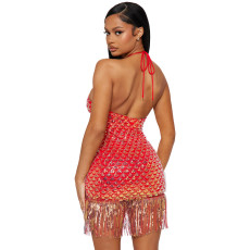 Sexy Sequin Tassel Tie Up Halter Mini Dress CYA-900733
