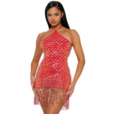 Sexy Sequin Tassel Tie Up Halter Mini Dress CYA-900733