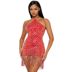 Sexy Sequin Tassel Tie Up Halter Mini Dress CYA-900733