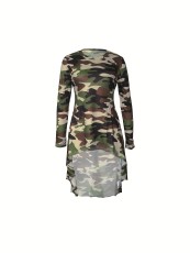 Long Sleeve Camouflage Print Irregular Dress SH-390715