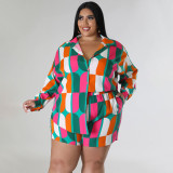 Plus Size Print Long Sleeve Shirt Two Piece Shorts Set NNWF-7885