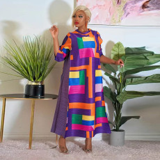 Round Neck Printed Press Pleated Loose Maxi Dress NNWF-10500