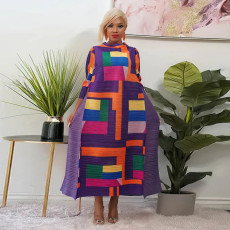 Round Neck Printed Press Pleated Loose Maxi Dress NNWF-10500