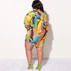 Plus Size Print Long Sleeve Shirt Two Piece Shorts Set NNWF-7885