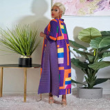 Round Neck Printed Press Pleated Loose Maxi Dress NNWF-10500