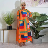 Round Neck Printed Press Pleated Loose Maxi Dress NNWF-10500