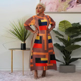 Round Neck Printed Press Pleated Loose Maxi Dress NNWF-10500