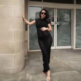 Fashion Solid Color Knit Short Sleeve Maxi Dress XEF-34607