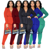 Plus Size Solid Deep V Neck Two Piece Pants Set NNWF-N7916