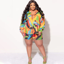 Plus Size Print Long Sleeve Shirt Two Piece Shorts Set NNWF-7885
