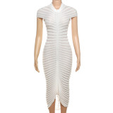 Fashion Solid Color Knit Short Sleeve Maxi Dress XEF-34607