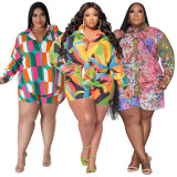 Plus Size Print Long Sleeve Shirt Two Piece Shorts Set NNWF-7885
