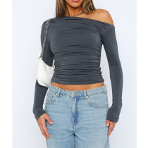 Solid Color Off Shoulder Long Sleeve Tops ASL-6695