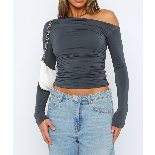 Solid Color Off Shoulder Long Sleeve Tops ASL-6695
