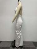 Solid Color Halter Pleated Backless Maxi Dress NY-10586
