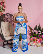 Plus Size Casual Print Tube Tops Tie Up Two Piece Pants Set FNN-8718