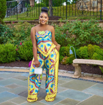 Plus Size Casual Print Tube Tops Tie Up Two Piece Pants Set FNN-8718