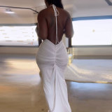 Solid Color Halter Pleated Backless Maxi Dress NY-10586