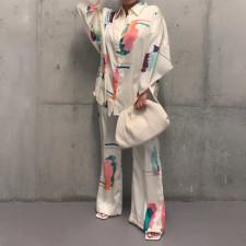Loungewear Long Sleeve Simulation Silk Printing Two Piece Set YF-1045
