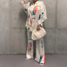 Loungewear Long Sleeve Simulation Silk Printing Two Piece Set YF-1045