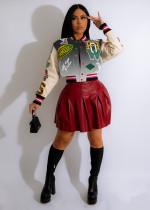 Plus Size Fashion Print Rib Color Block Baseball Jacket JRF-3743