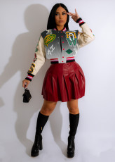 Plus Size Fashion Print Rib Color Block Baseball Jacket JRF-3743