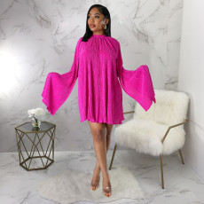 Solid Color Press Pleated Shawl Sleeve Mini Dress YF-10610