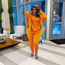 Casual Solid Color Bat Sleeve Split Top Long Pants Two Piece Set MAE-2193