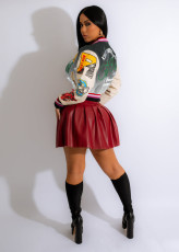 Plus Size Fashion Print Rib Color Block Baseball Jacket JRF-3743