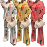 Loungewear Long Sleeve Simulation Silk Printing Two Piece Set YF-1045