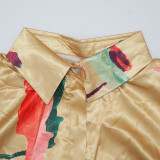 Loungewear Long Sleeve Simulation Silk Printing Two Piece Set YF-1045