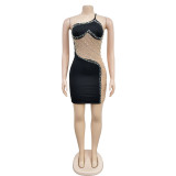 Solid Color Mesh Hot Drill Sling Mini Dress BY-6641