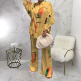 Loungewear Long Sleeve Simulation Silk Printing Two Piece Set YF-1045