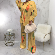 Loungewear Long Sleeve Simulation Silk Printing Two Piece Set YF-1045