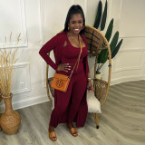 Solid Long Sleeve Coat+U Neck Vest+Pencil Pants 3 Piece Set YF-10584