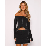 Solid Color One Shoulder Long Sleeve Skirt Suit ASL-6692