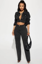 Fashion Denim Long Sleeve Short Coat 2 Piece Set MEM-88510