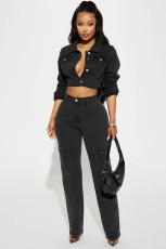 Fashion Denim Long Sleeve Short Coat 2 Piece Set MEM-88510