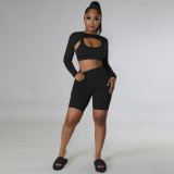Casual Solid Color Long Sleeve Sport 3 Piece Shorts Set TE-4634